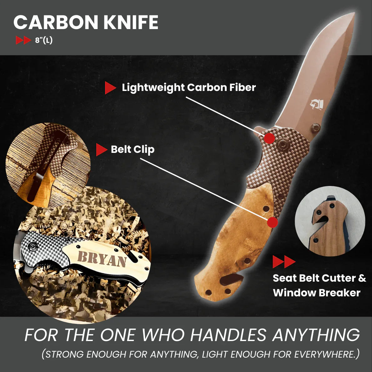 8-inch carbon fiber folding knife with tan wood handle, belt clip, and sample personalization reading "BRYAN," shown with detail callouts of lightweight carbon fiber, belt clip, and seat belt cutter and window breaker features.