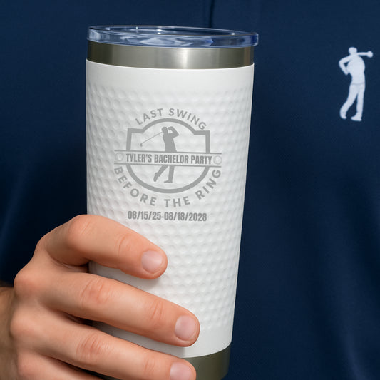 Custom bachelor party golf tumbler with engraved name and dates for groomsmen