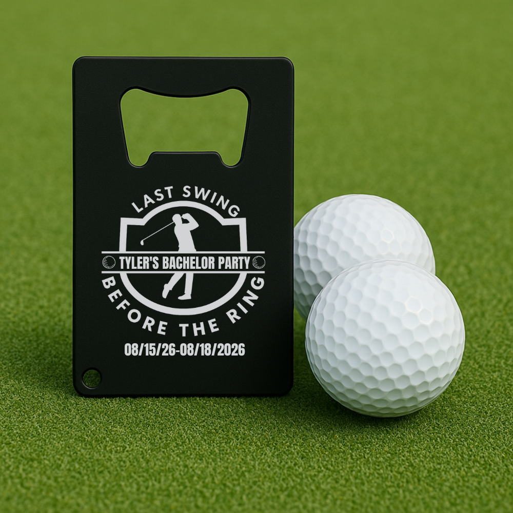 Custom bachelor party bottle opener with engraved name and dates in credit card size