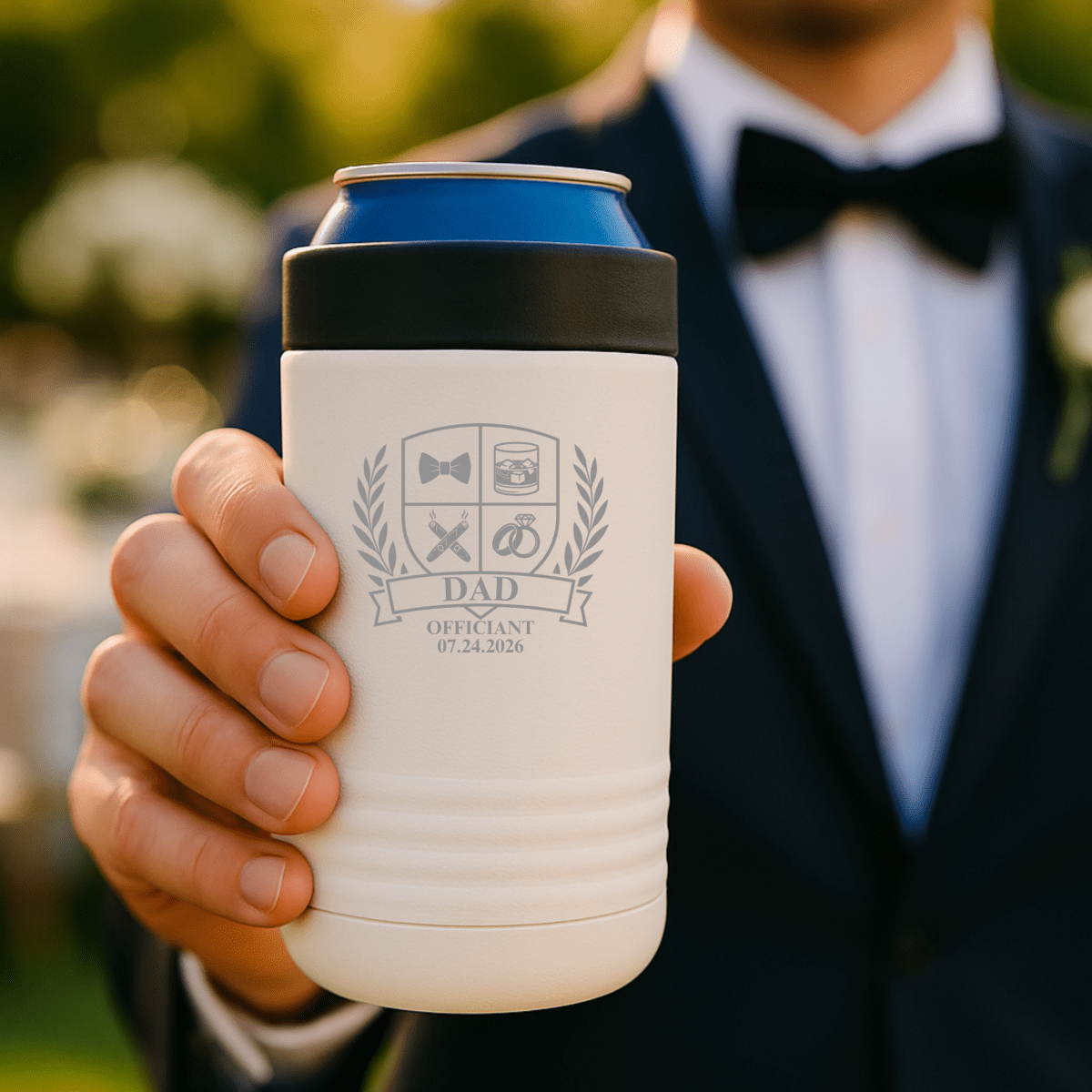 Wedding Party Crest Can Cooler - Groovy Laser - GroomsDay