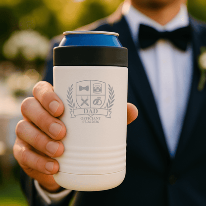 Wedding Party Crest Can Cooler - Groovy Laser - GroomsDay
