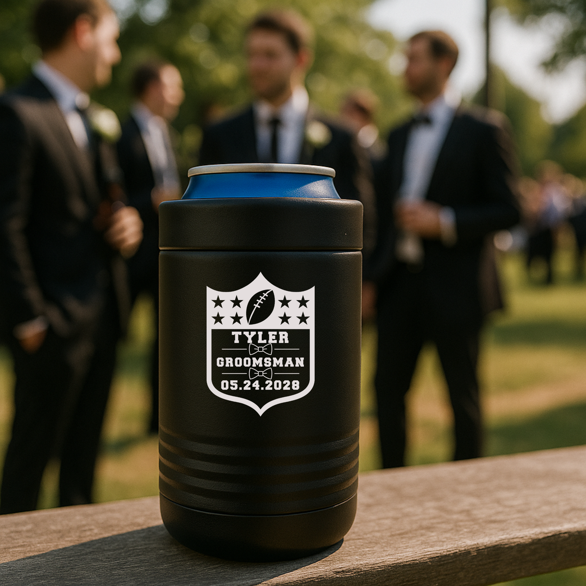 Football-themed groomsmen koozies in black, red, and white with personalized engraving