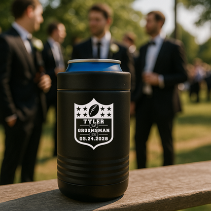 Football-themed groomsmen koozies in black, red, and white with personalized engraving