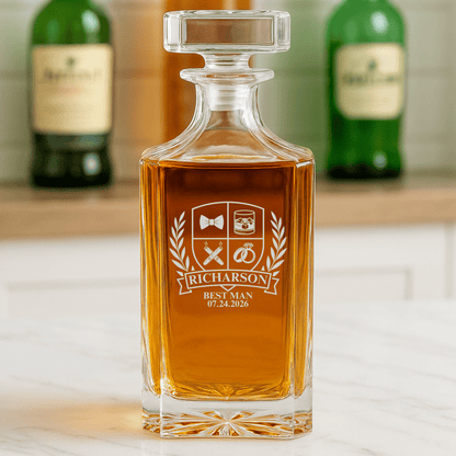 Wedding Party Crest Whiskey Decanter - Groomsmen Proposal - GroomsDay
