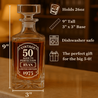 Unique Personalized 50th Birthday Decanter Customized Decanter Gifts for Men by Groovy Guy