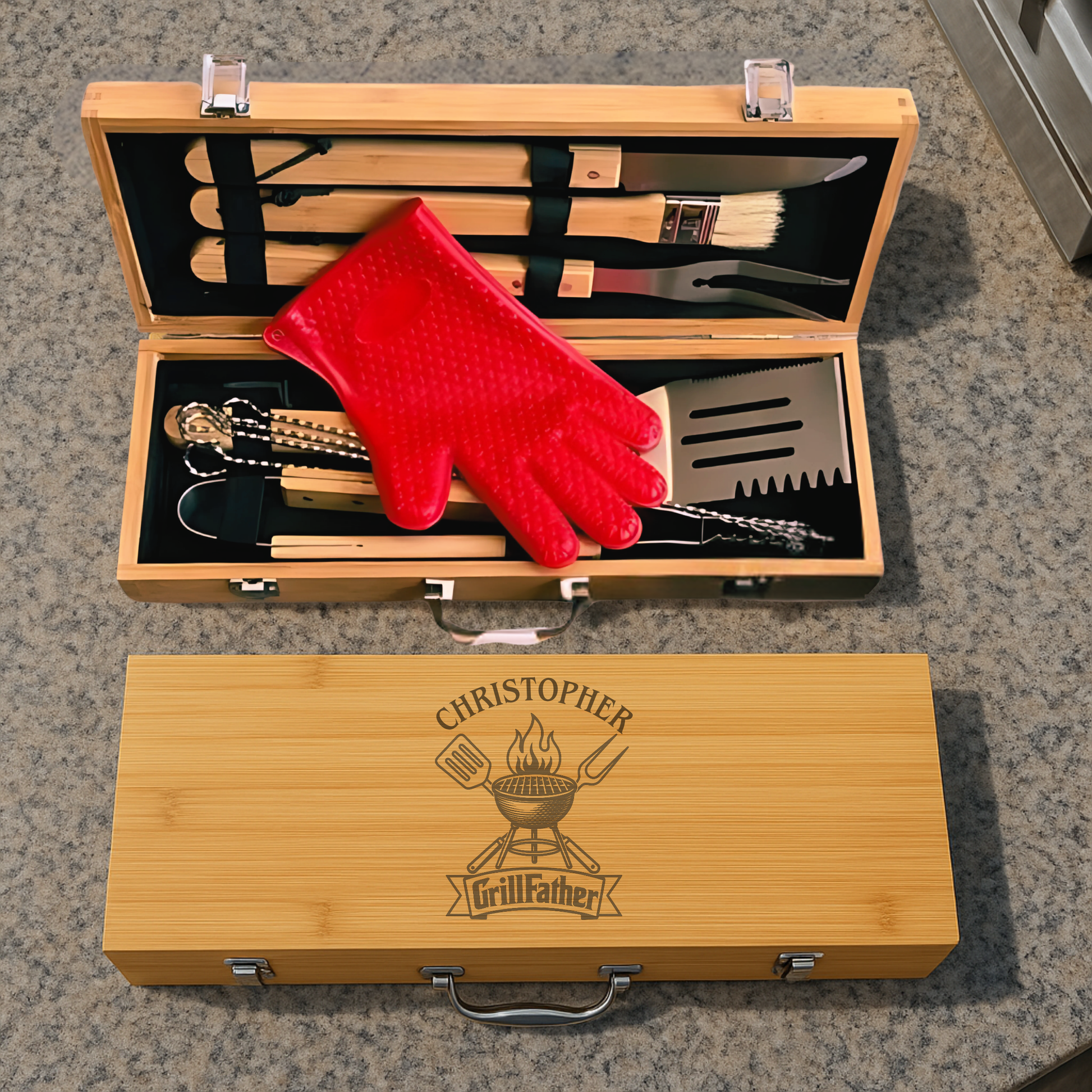 Engraved GrillFather BBQ tool set with personalized bamboo case and grilling accessories
