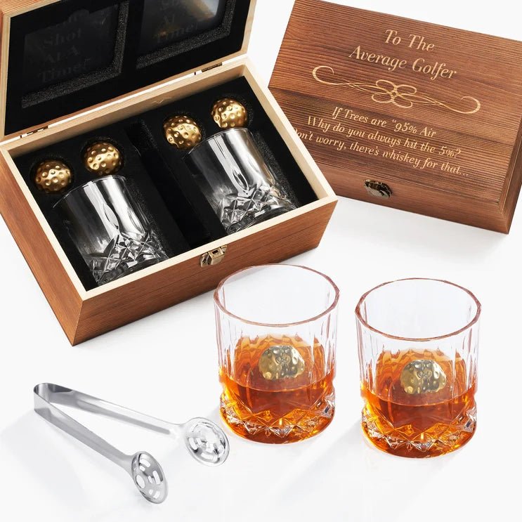 Average Golfer Whiskey Gift Set with golf ball-shaped whiskey stones, glasses, and coasters.