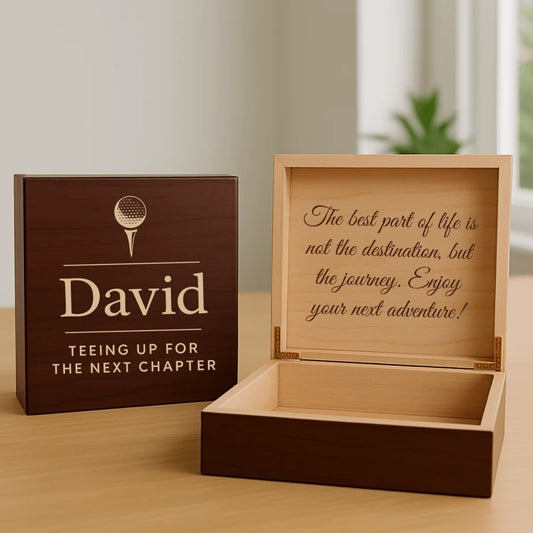 Wooden golf retirement memory box with custom name and engraved message