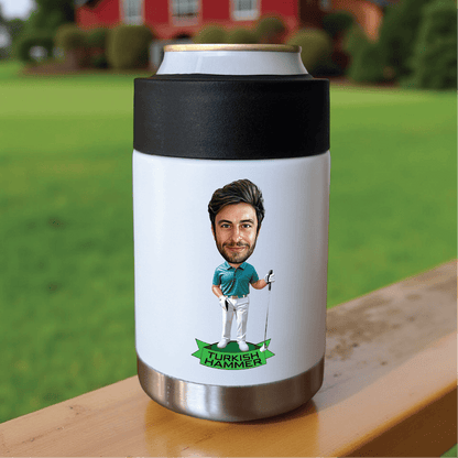  insulated drink container with a graphic of a man holding a golf club on a grassy background