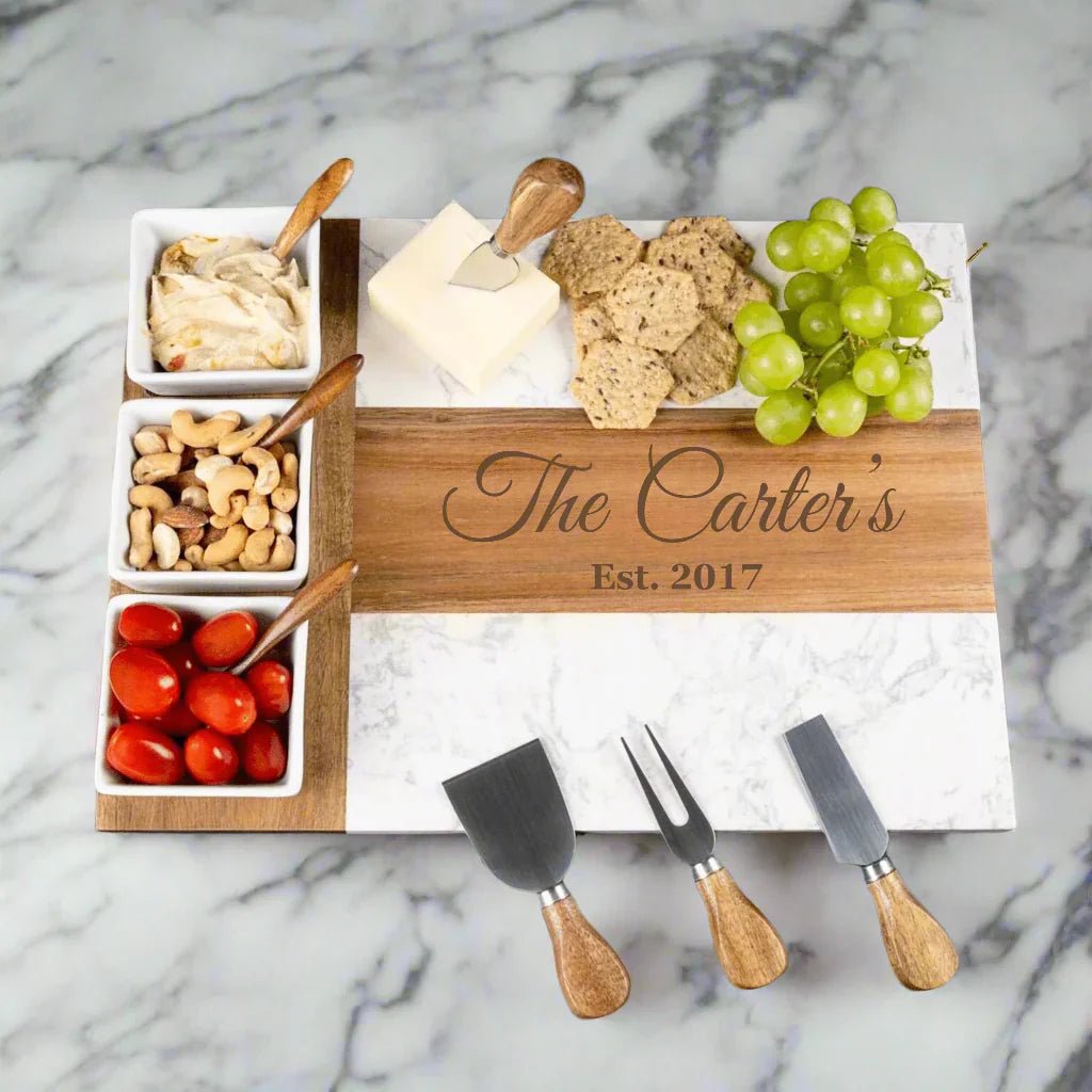 Personalized marble and wood charcuterie board with custom engraving