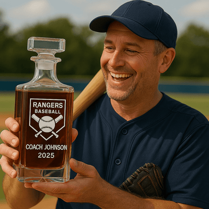 Personalized baseball coach whiskey decanter with engraved team name and coach name