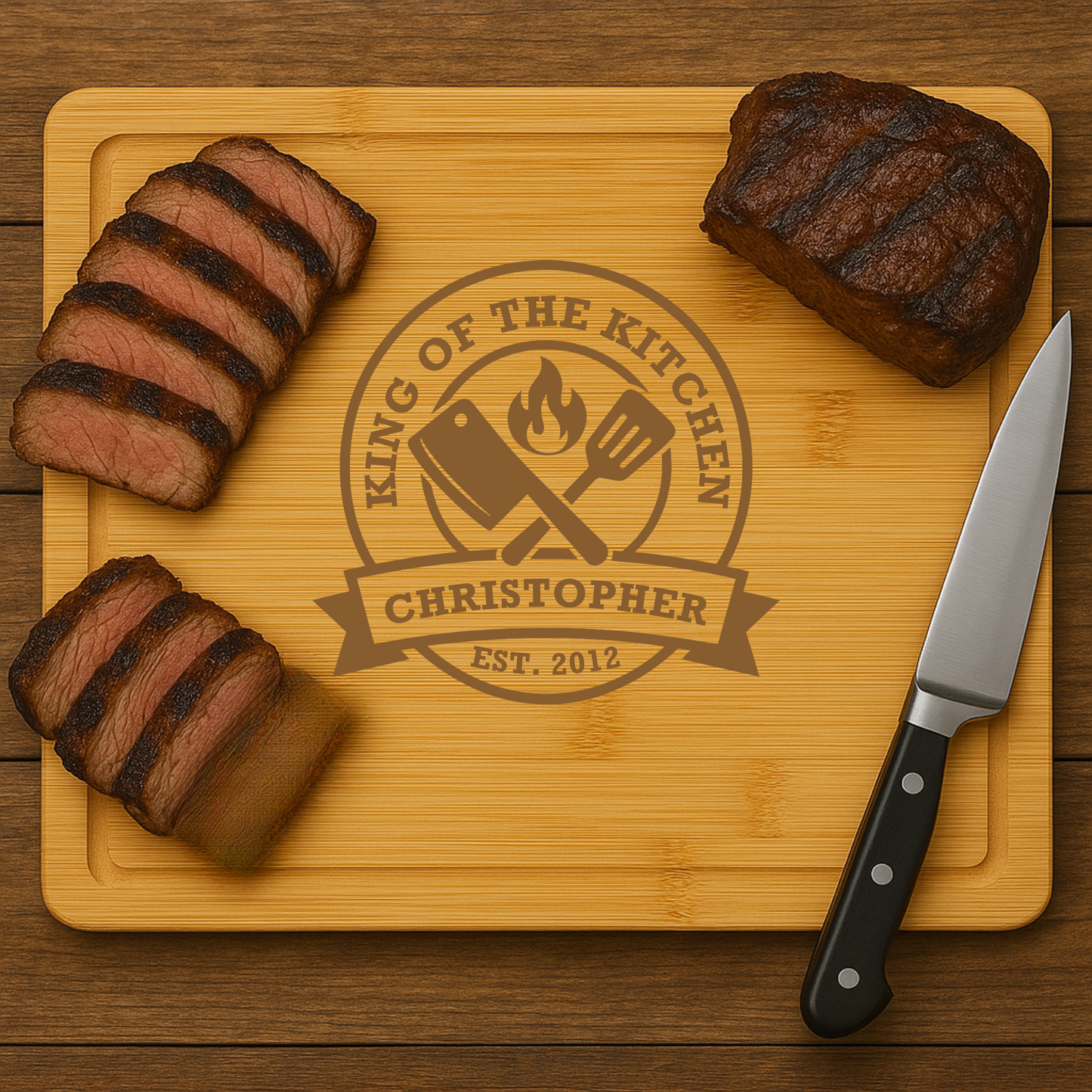 Personalized bamboo cutting board with “King of the Kitchen” engraving for Dad