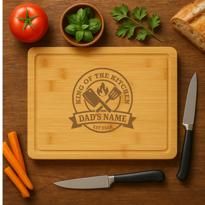 Personalized bamboo cutting board with “King of the Kitchen” engraving for Dad