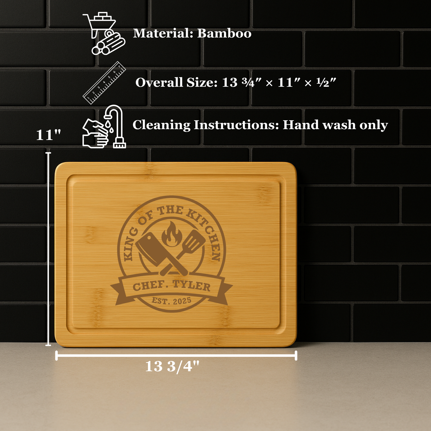 Personalized bamboo cutting board with “King of the Kitchen” engraving for Dad