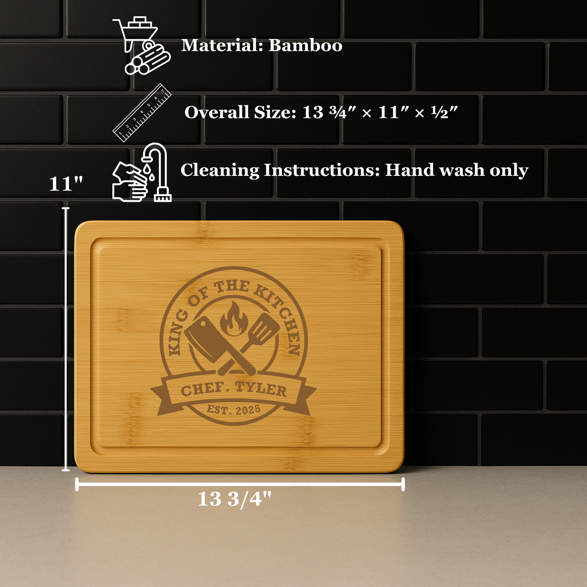 Personalized bamboo cutting board with “King of the Kitchen” engraving for Dad