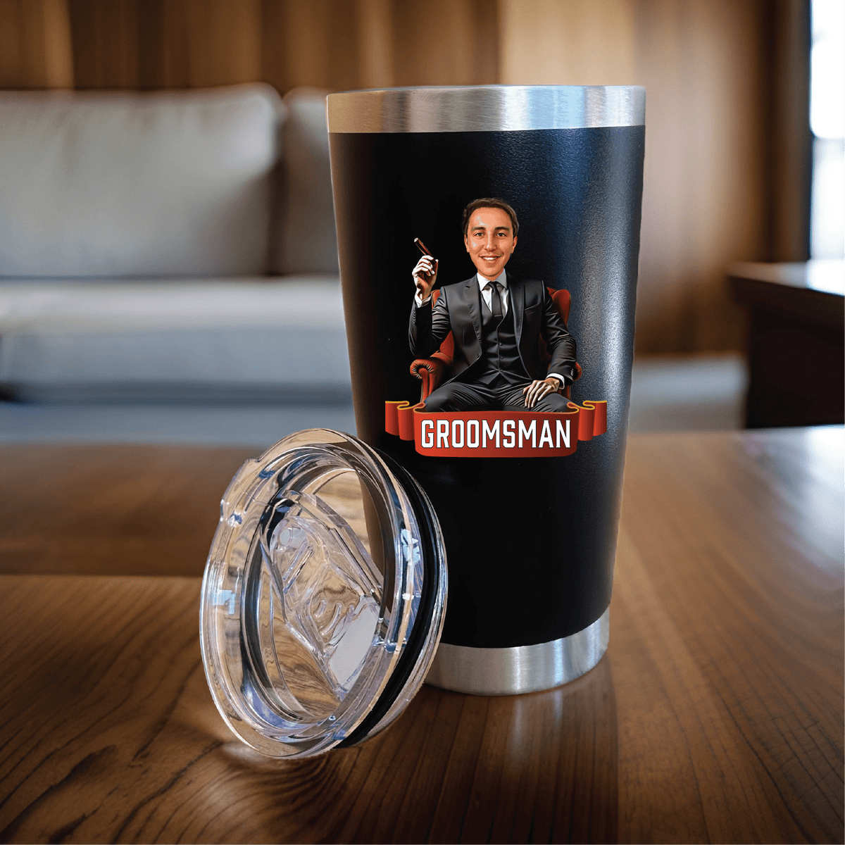 Custom groomsman tumbler featuring a personalized caricature of a man in a suit holding a cigar, with the word &#39;Groomsman&#39; on a stylish banner – perfect personalized wedding party gift.