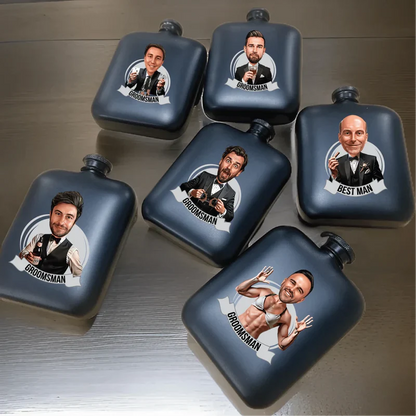 Six navy stainless steel flasks with custom cartoon caricatures and "Groomsman" and "Best Man" labels showing personalized sample engravings.