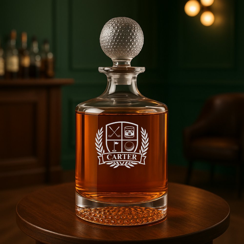 Personalized golf crest whiskey decanter with golf ball stopper and laurel design
