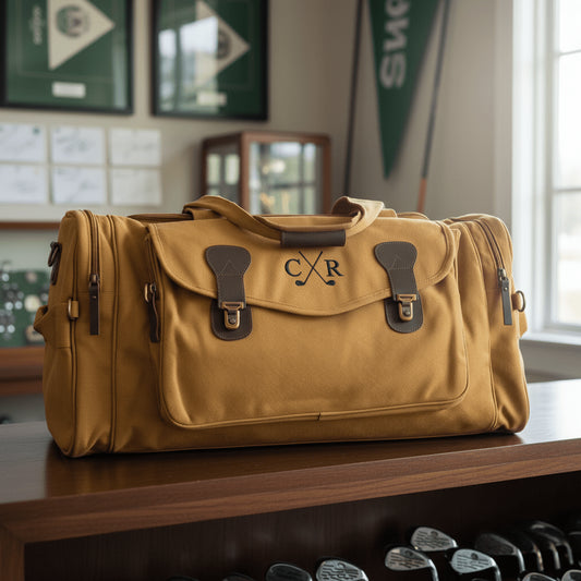 Brown duffel bag with monogram on a wooden surface, with sports-themed decor in the background.
