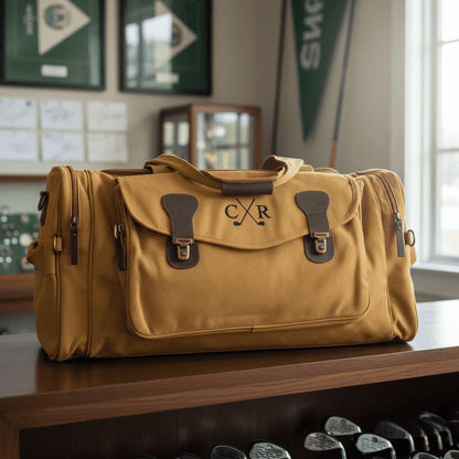Brown duffel bag with monogram on a wooden surface, with sports-themed decor in the background.