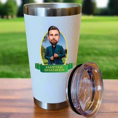 White tumbler with a photo of a man and 'Master Shanker' text on a grassy background