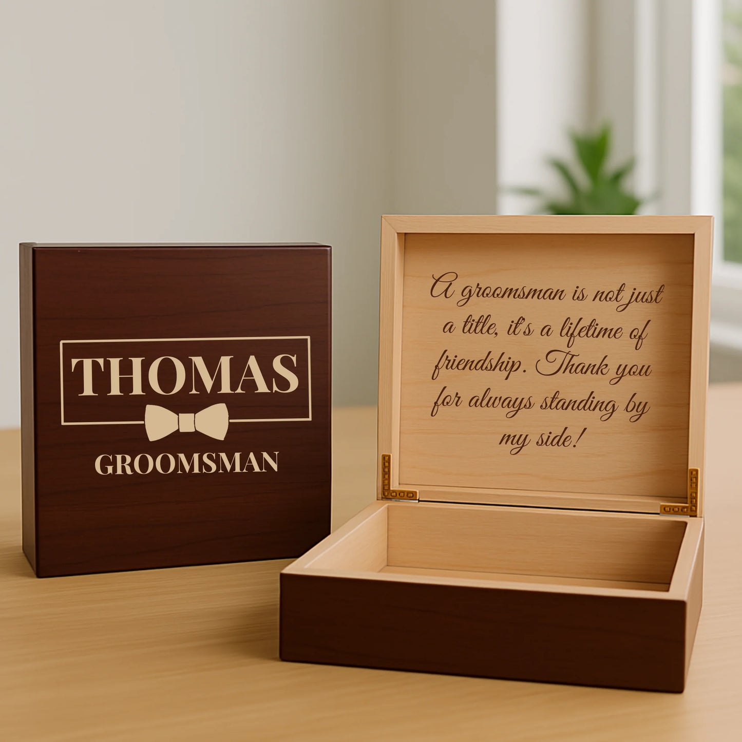Wooden groomsman keepsake box with engraved name, wedding role, and custom message inside lid