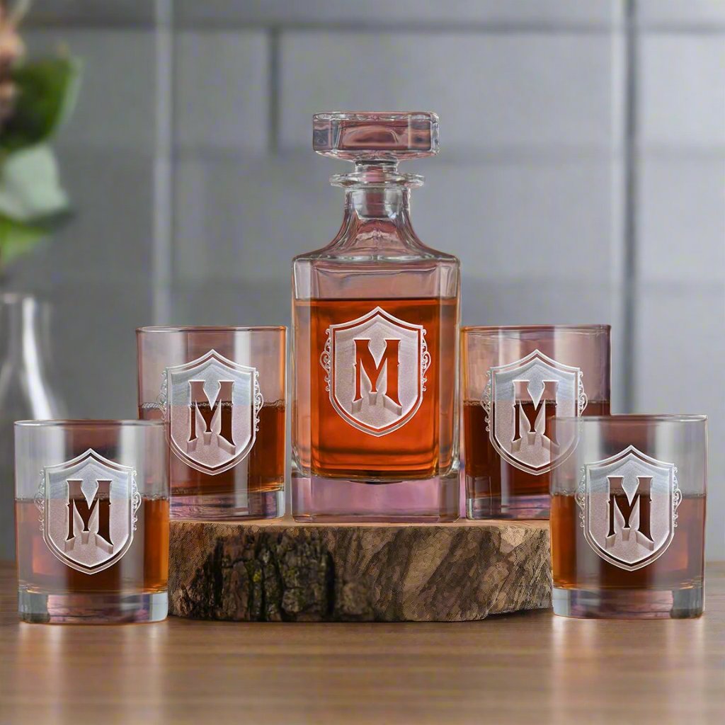 Personalized Initial Emblem Decanter &amp; Glasses Set 