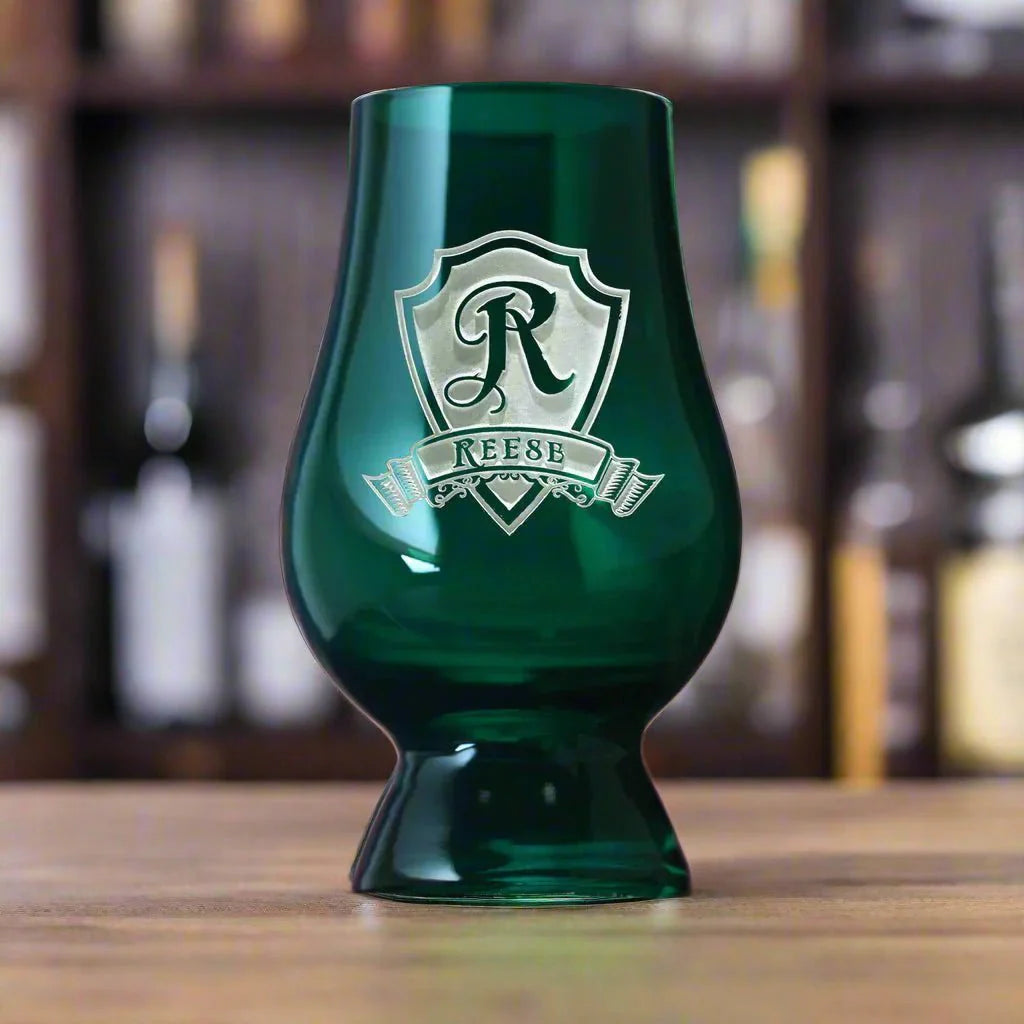 Engraved Shield Green Glencairn Glass - Whiskey - GroomsDay