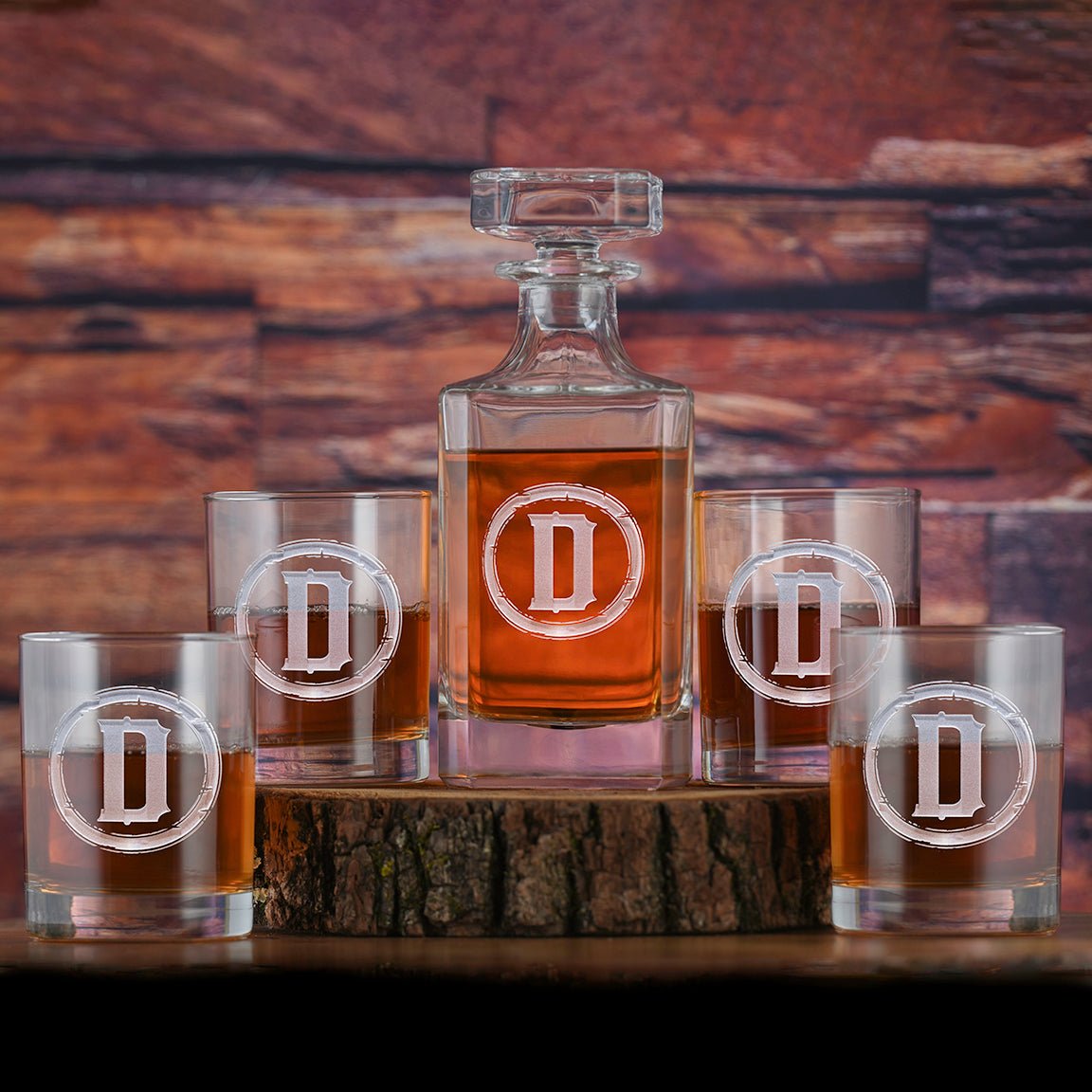 Personalized Initial Rustic Whiskey Decanter Set with 4 glasses