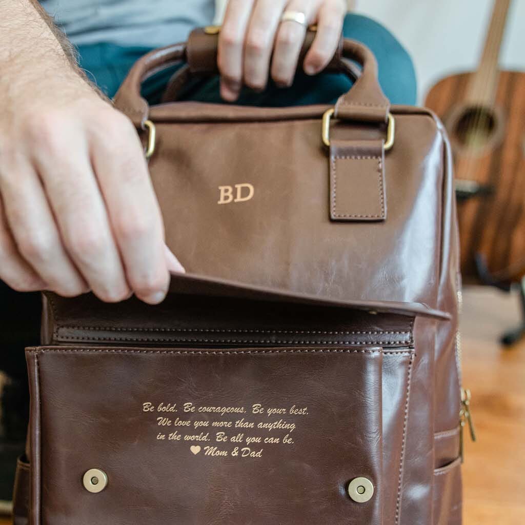 Unique Personalized Luxe Leather Laptop Backpack Customized Duffel Bags Gifts for Men by Groovy Guy