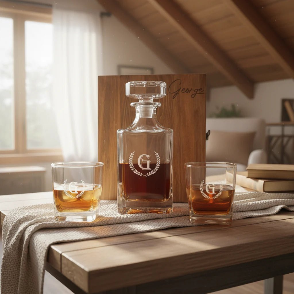 Whiskey decanter and glasses on a wooden table with a blurred background