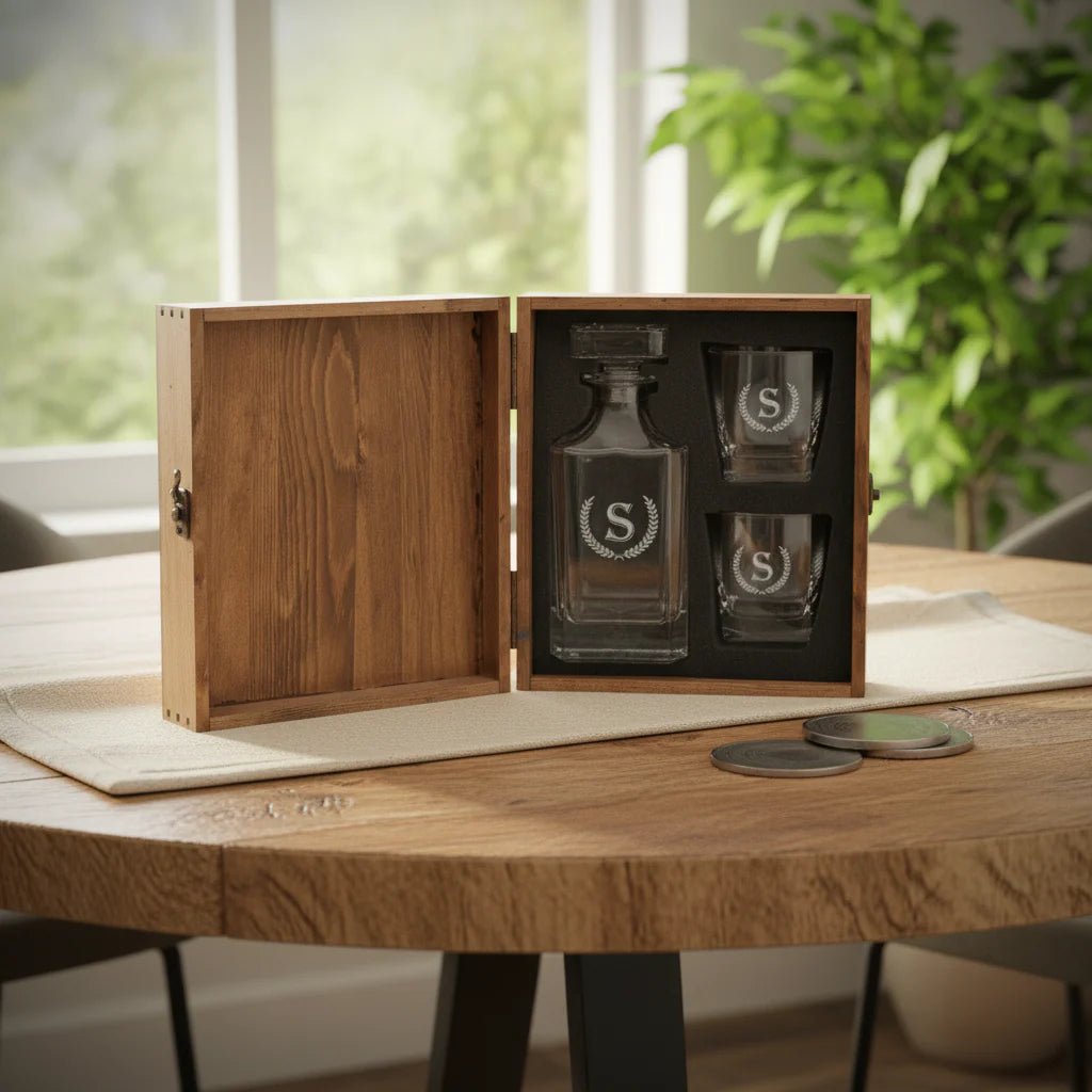 Whiskey decanter and glasses set in a wooden box on a table with a blurred greenery background