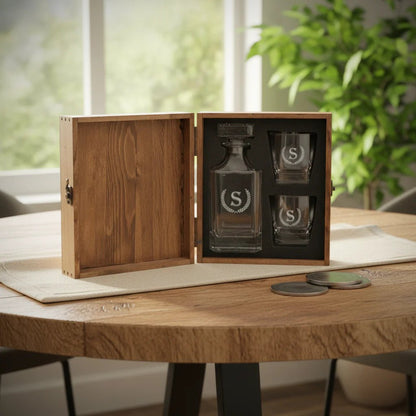 Whiskey decanter and glasses set in a wooden box on a table with a blurred greenery background