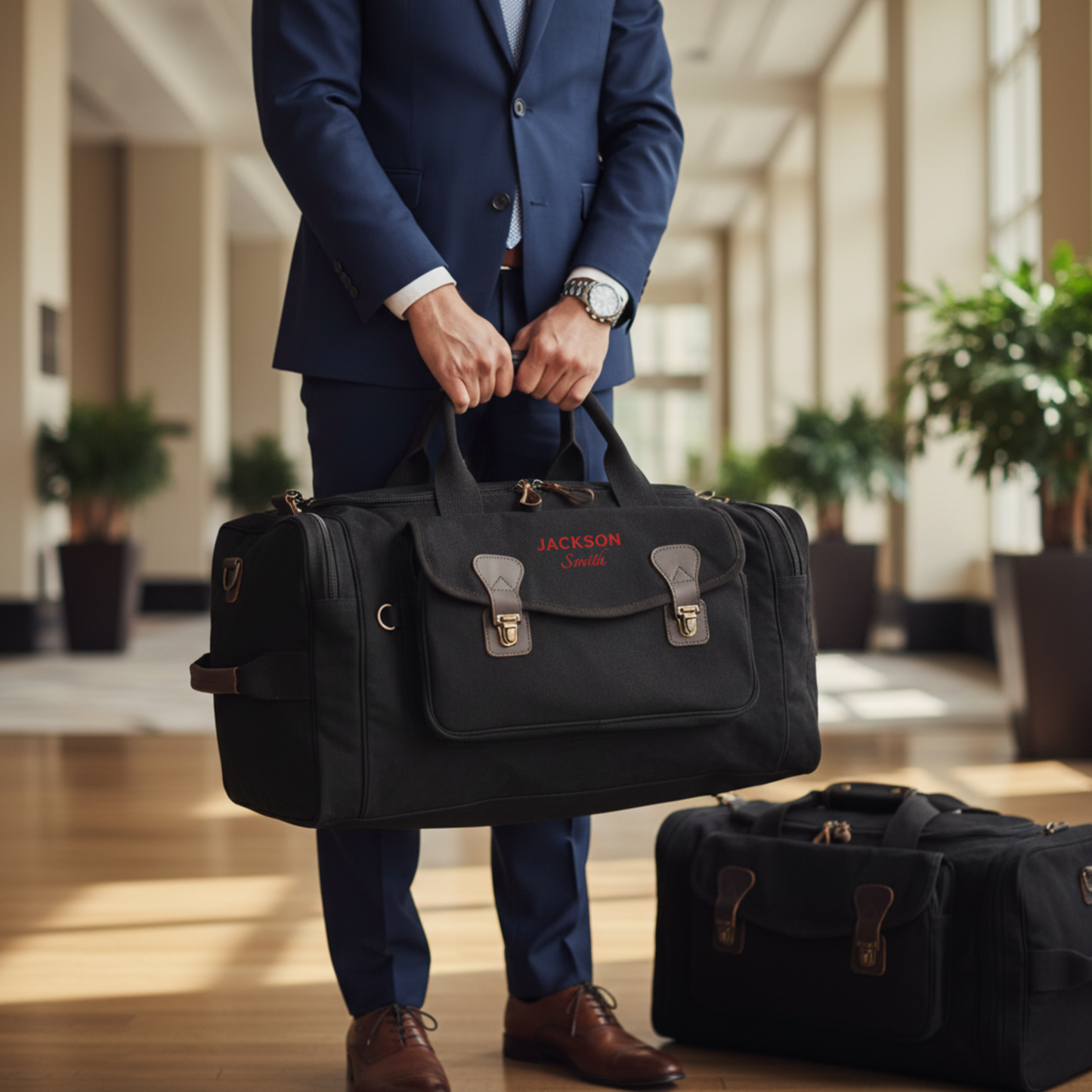 Man in navy suit holding black canvas duffle bag with personalized "JACKSON Smith" embroidery and brown leather handles in modern hallway setting.