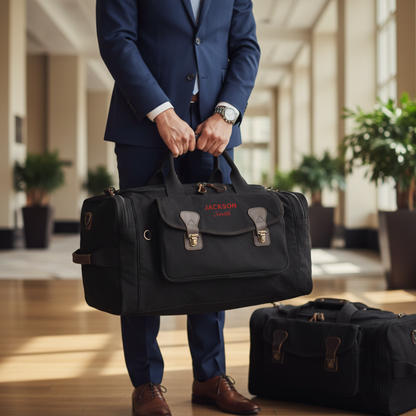 Man in navy suit holding black canvas duffle bag with personalized "JACKSON Smith" embroidery and brown leather handles in modern hallway setting.