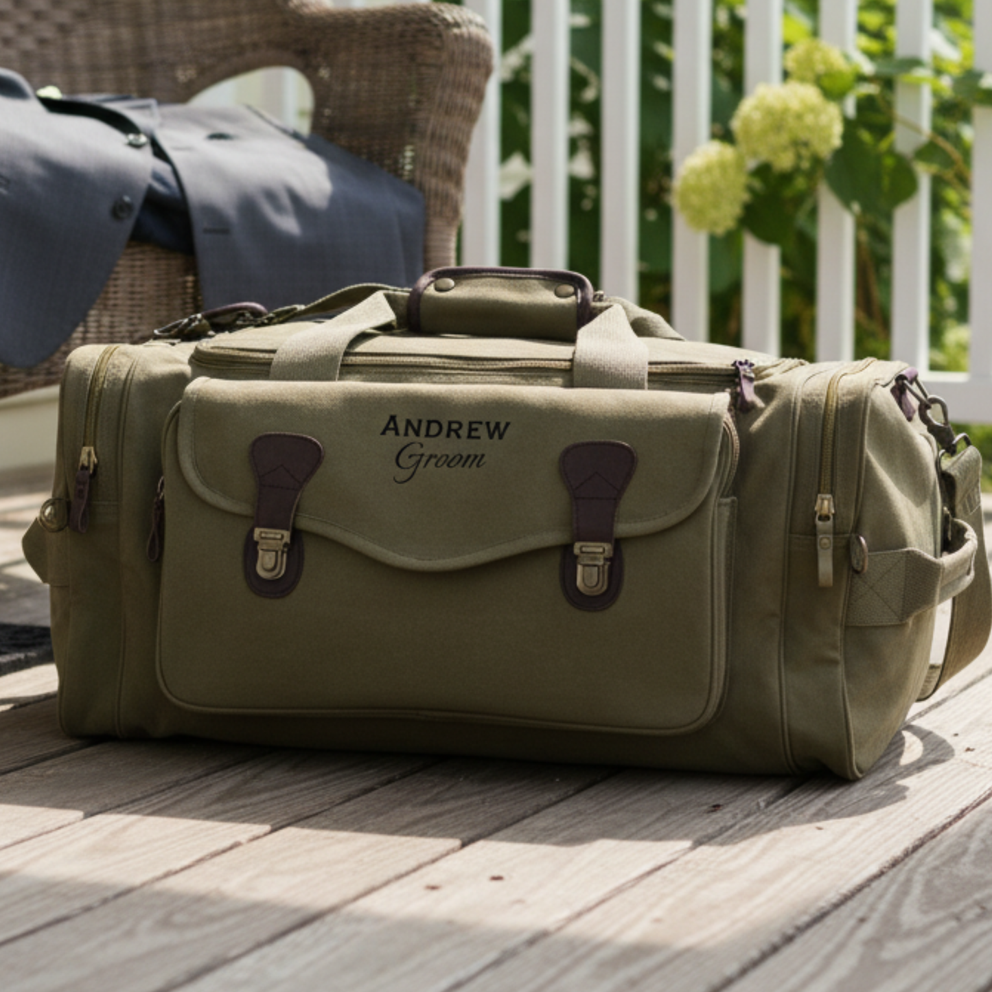 Tan canvas duffle bag with burgundy leather accents and brass hardware, personalized with sample engraving "Andrew" and "Groom" on front flap, displayed on wooden deck.