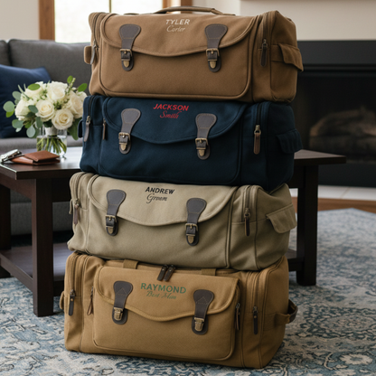 Four personalized duffels stacked in tan, navy, cream, and caramel canvas, each engraved with sample names and titles across the flap.