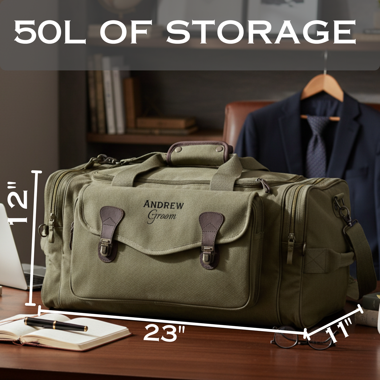 Olive canvas duffle bag with brown leather handles and accents, personalized with sample text "ANDREW Groom" on the front, displayed on wooden desk with dimensions marked showing 23" length and 12" height