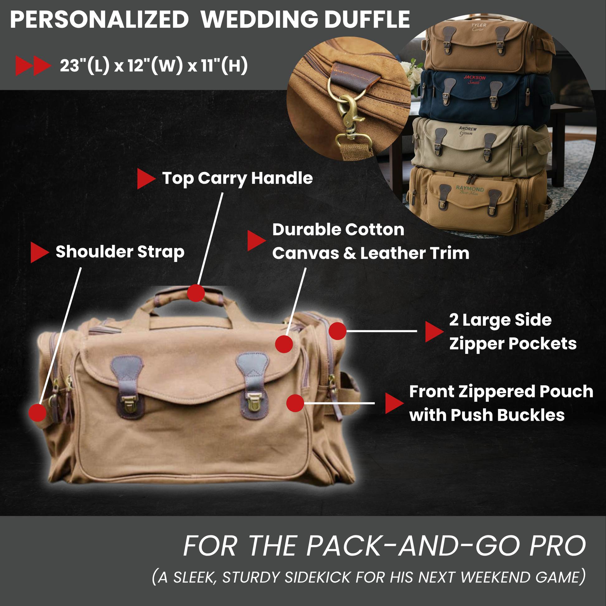 Tan canvas duffel bag with labeled features including top carry handle, shoulder strap, leather trim accents, brass hardware, side zipper pockets, and front zippered pouch; inset shows four color variants stacked together.
