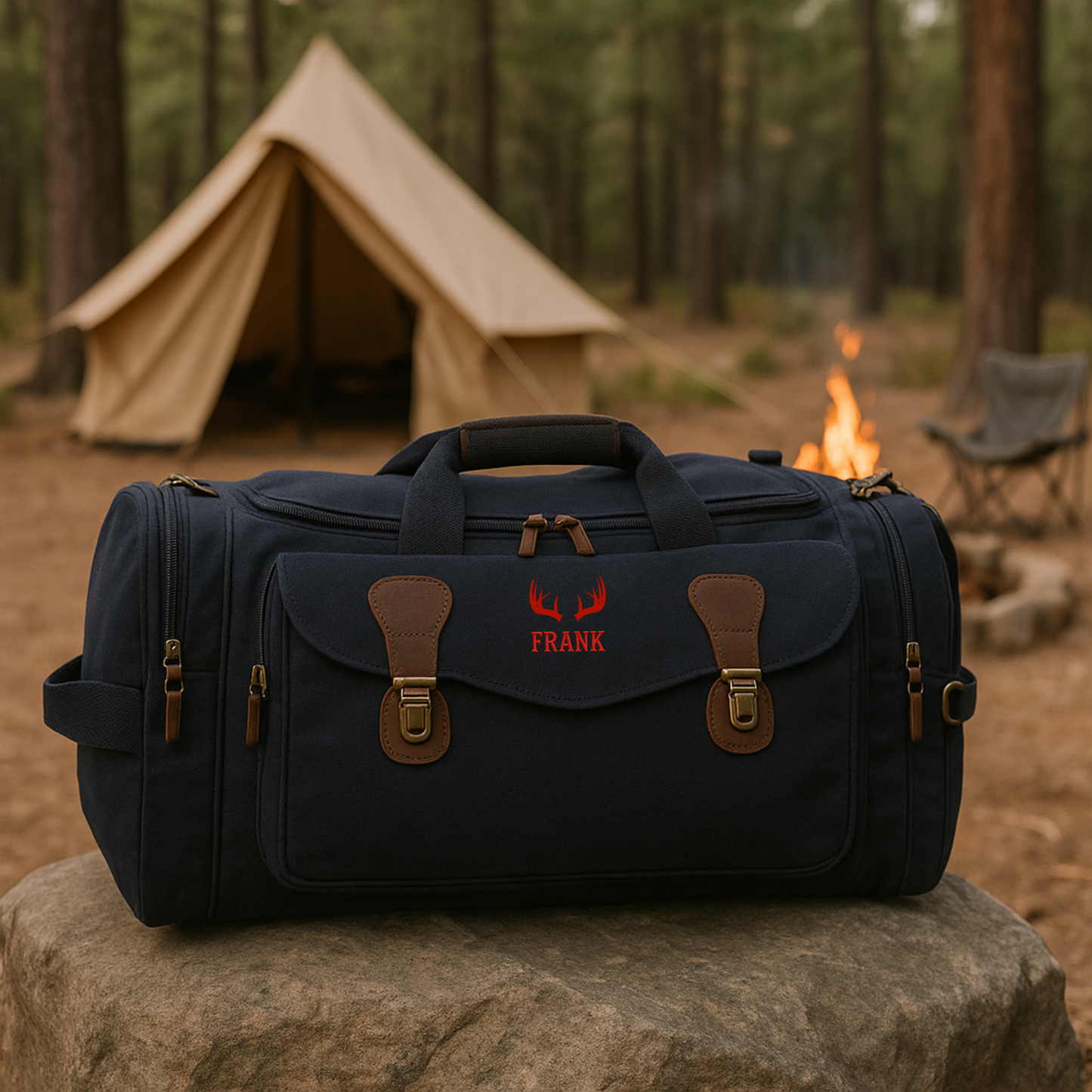 Black canvas duffle bag with brown leather accents, embroidered with sample name "FRANK" and red antler motif, displayed on rock with camping tent and campfire in background.