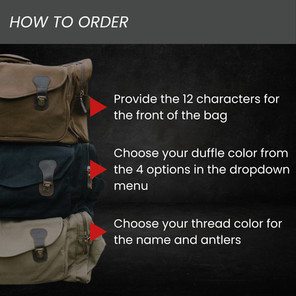 Three canvas duffles in khaki, navy, and tan showing customization options with embroidered names and antler motifs in different thread colors