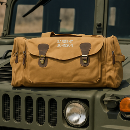 Personalized heavy-duty military duffle bag with custom embroidered name and rugged canvas design