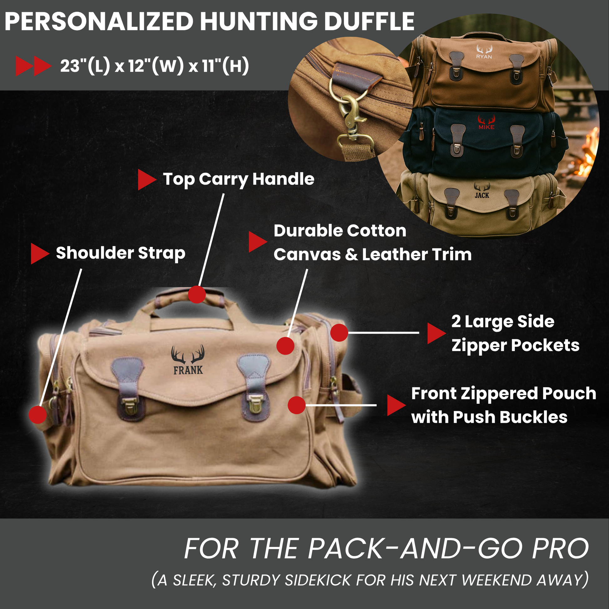 Tan canvas hunting duffle with personalized name "FRANK" embroidered below antler motif, shown with feature callouts highlighting top carry handle, shoulder strap, leather trim, and zippered pockets