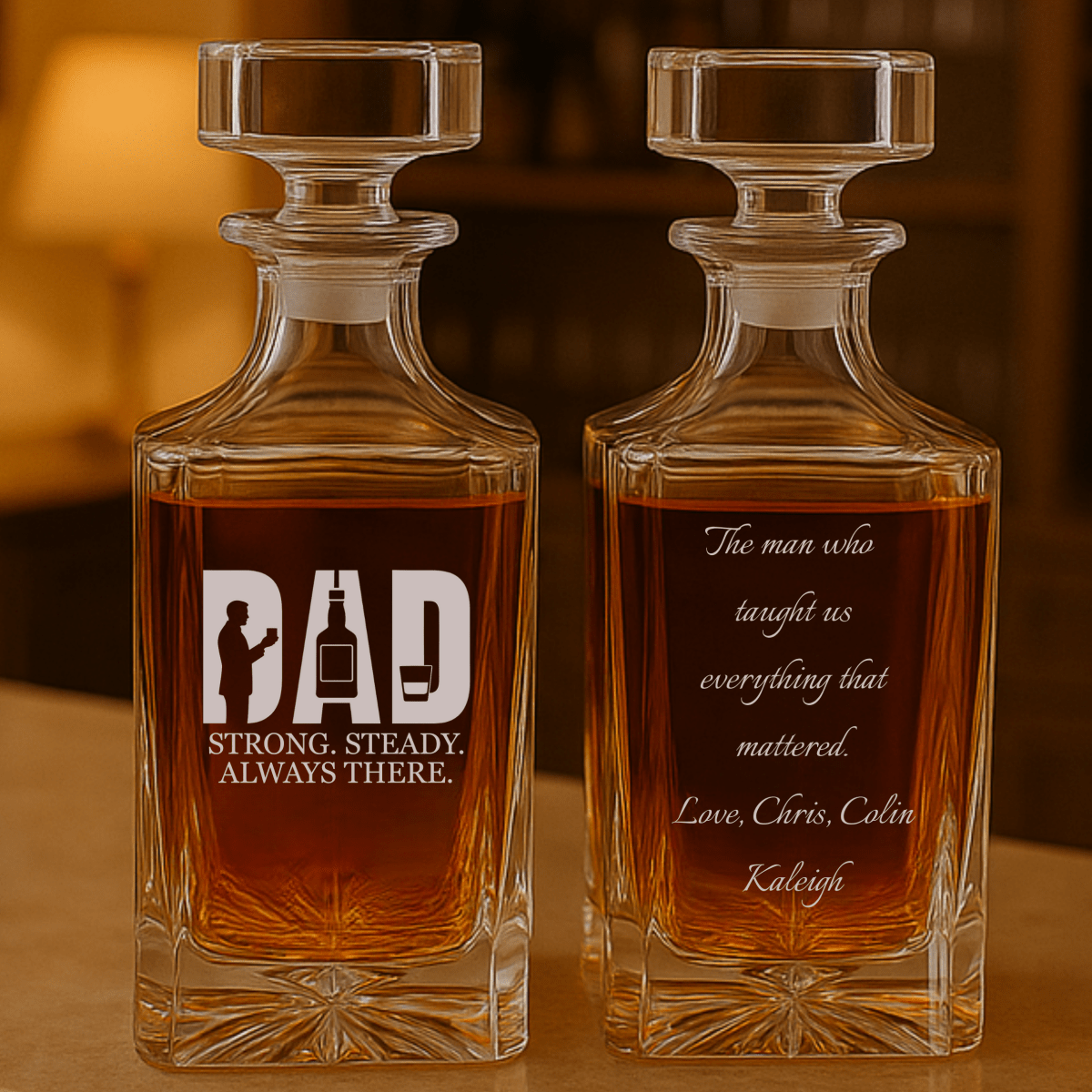 Personalized crystal whiskey decanter for Dad with engraved message