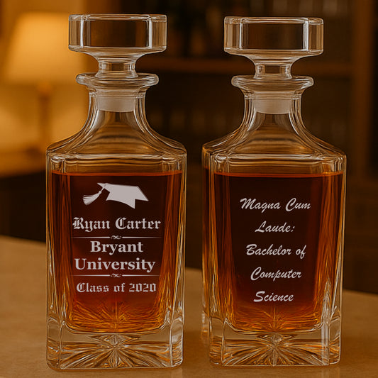 Personalized college graduation decanter with name, school, year, and message engraving