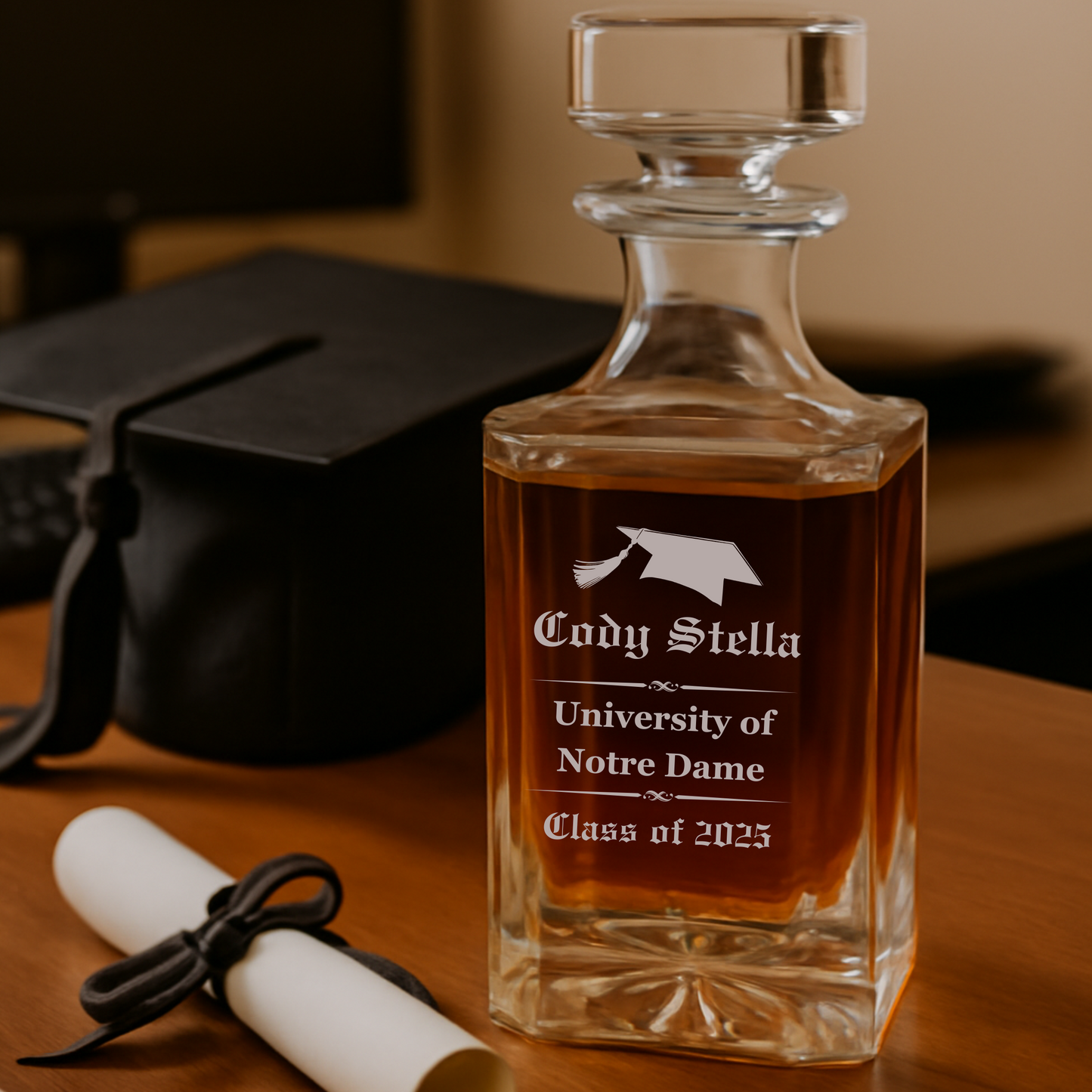 Personalized college graduation decanter with name, school, year, and message engraving