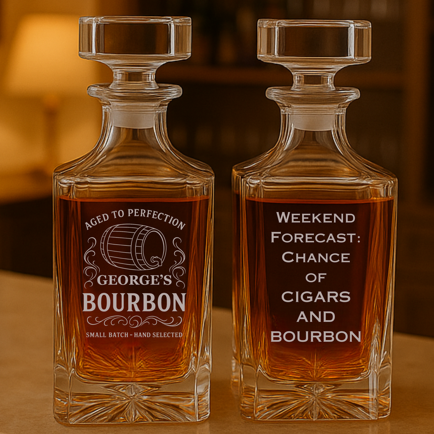 Personalized bourbon decanter with engraved name and custom message – unique whiskey gift for men