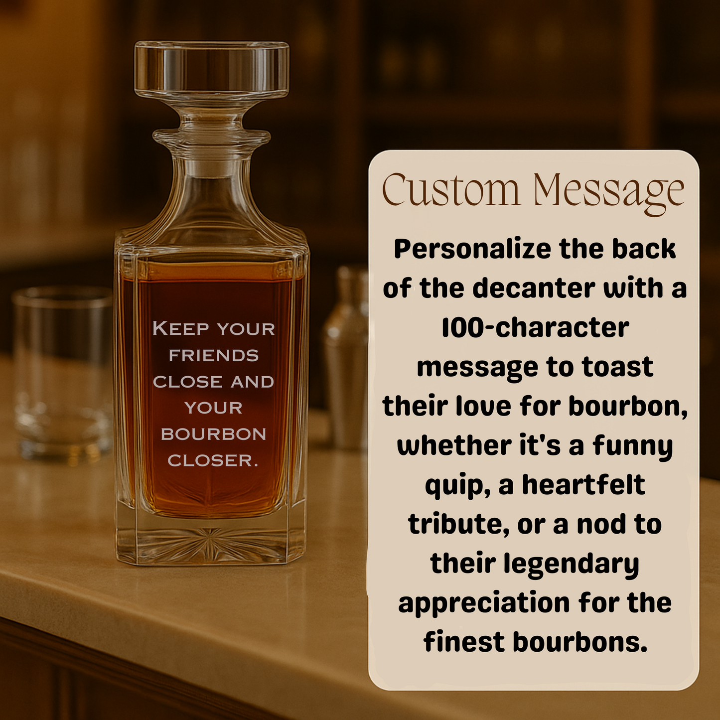 Personalized bourbon decanter with engraved name and custom message – unique whiskey gift for men