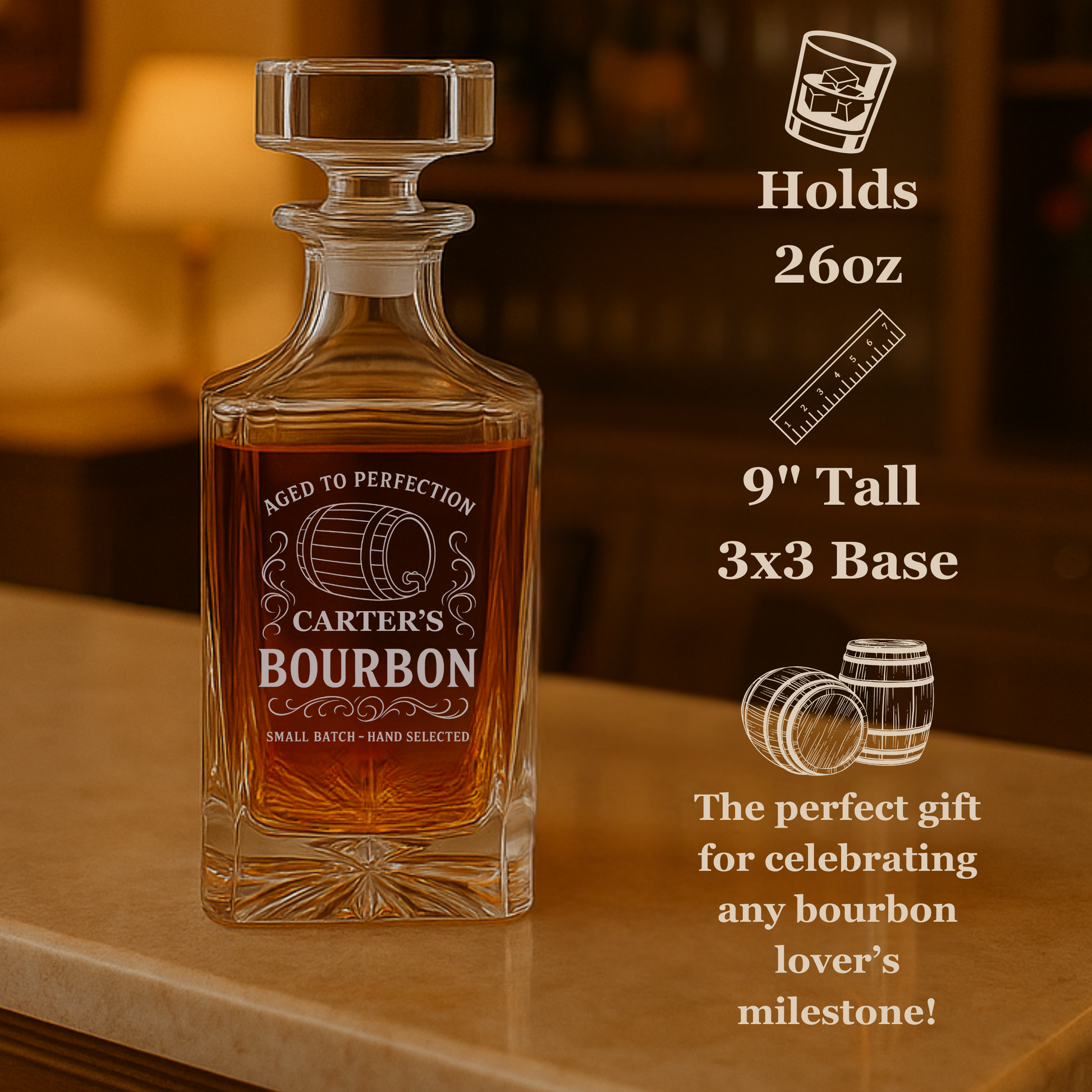 Personalized bourbon decanter with engraved name and custom message – unique whiskey gift for men