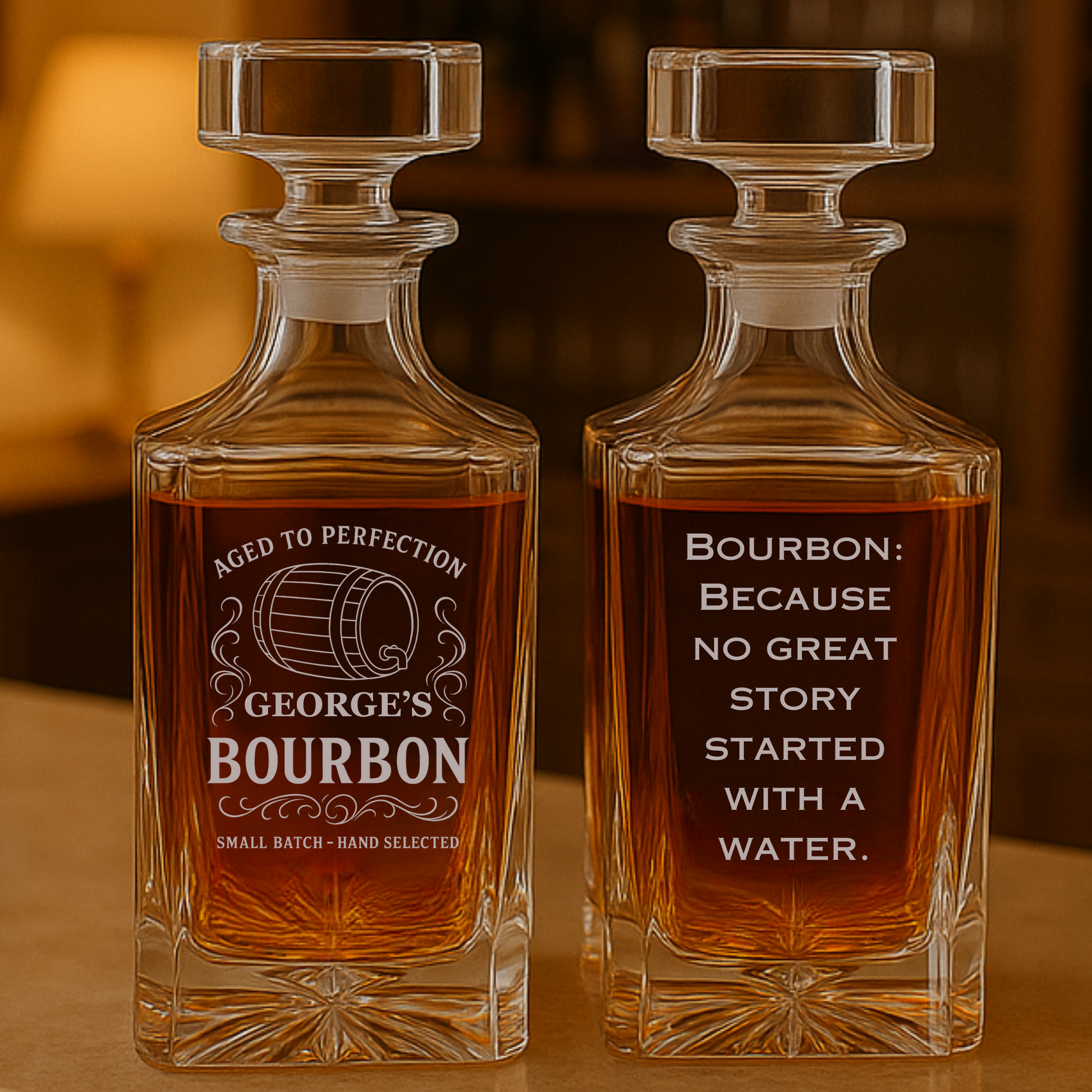 Personalized bourbon decanter with engraved name and custom message – unique whiskey gift for men